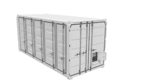 Un conteneur d'expédition blanc avec des portes fermées sur le côté et un petit panneau d'accès utilitaire ouvert à l'extrémité, sur un fond blanc uni.