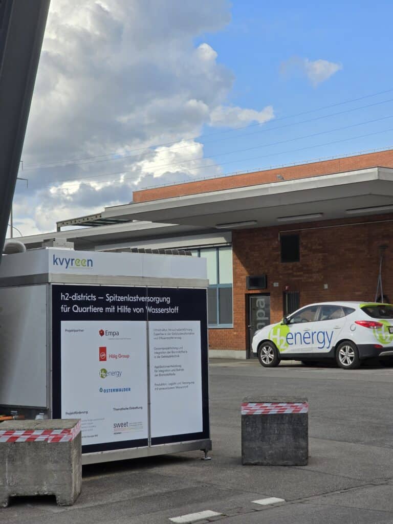 A hydrogen energy project station with informational signage stands near a brick building; a car labeled "h2energy" is parked beside it.